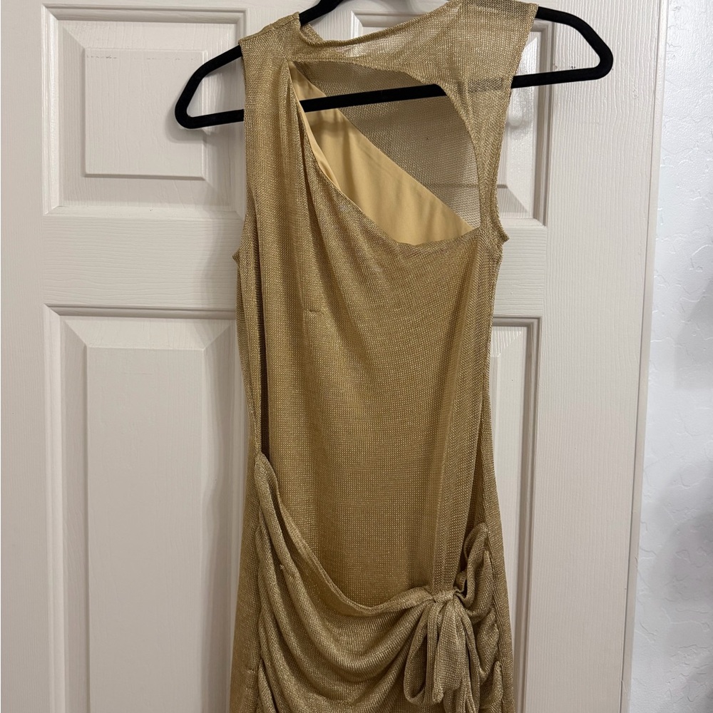 Tiger Mist Gold Asymmetrical Draped Sleeveless Dress